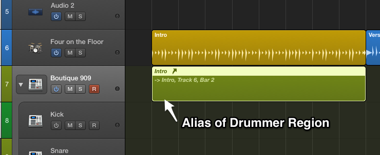 Shift-Option drag Drummer region to create an alias